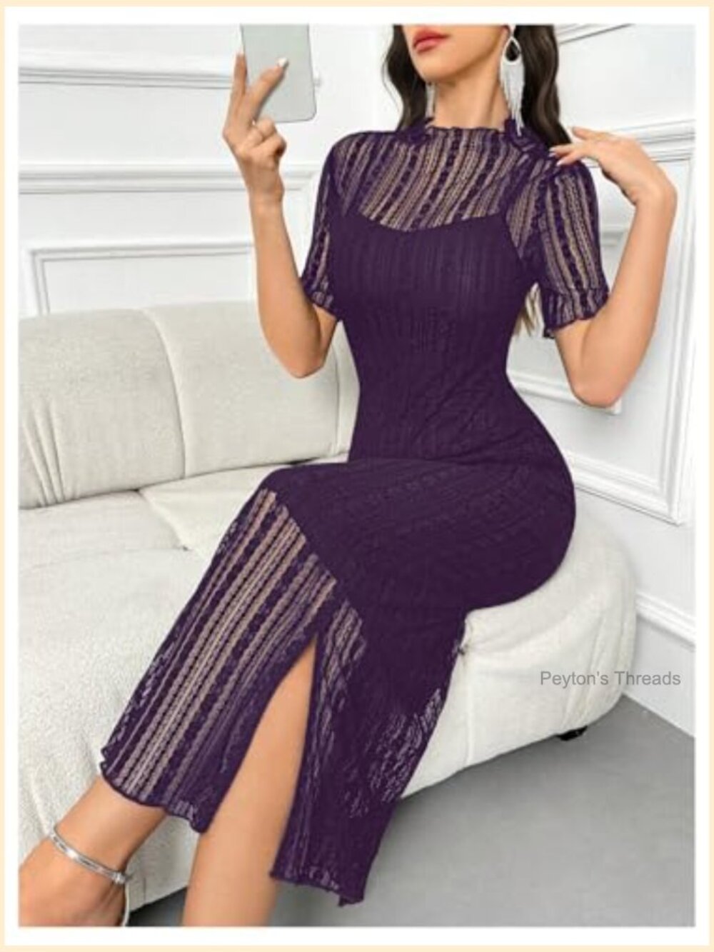Contrast Lace Mock Neck Mesh Short Sleeve Pencil Midi Dress with Slit - Picture 5 of 5